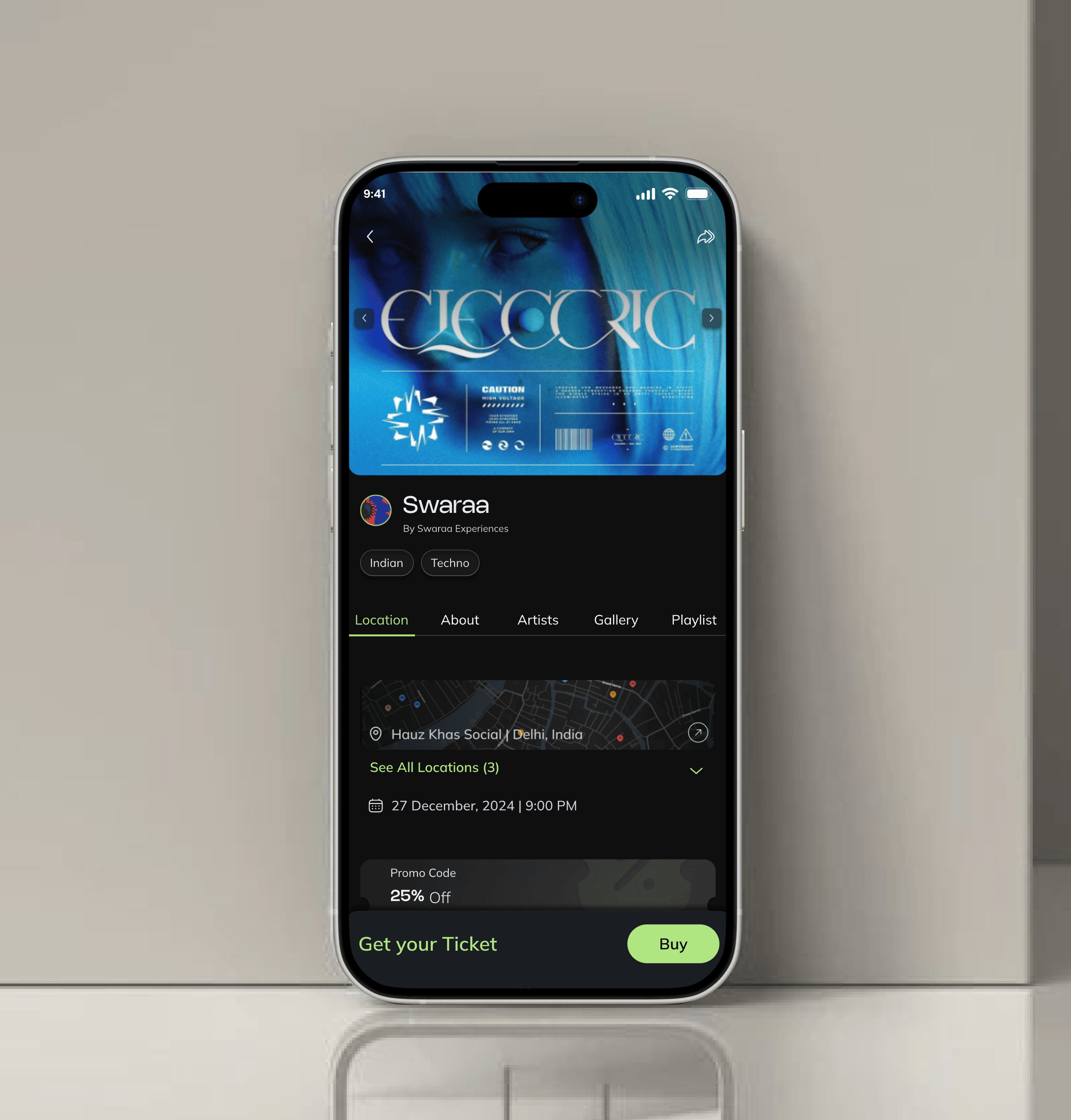 smartphone with event booking app